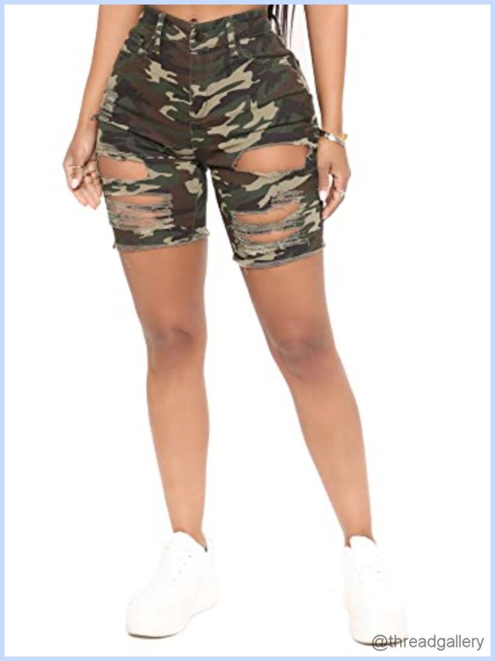 High Waist Ripped Distressed Denim Bermuda Shorts Fringed Hem Stretchy Slim Fit